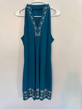 White House Black Market Teal Embroidered Halter Shift Dress